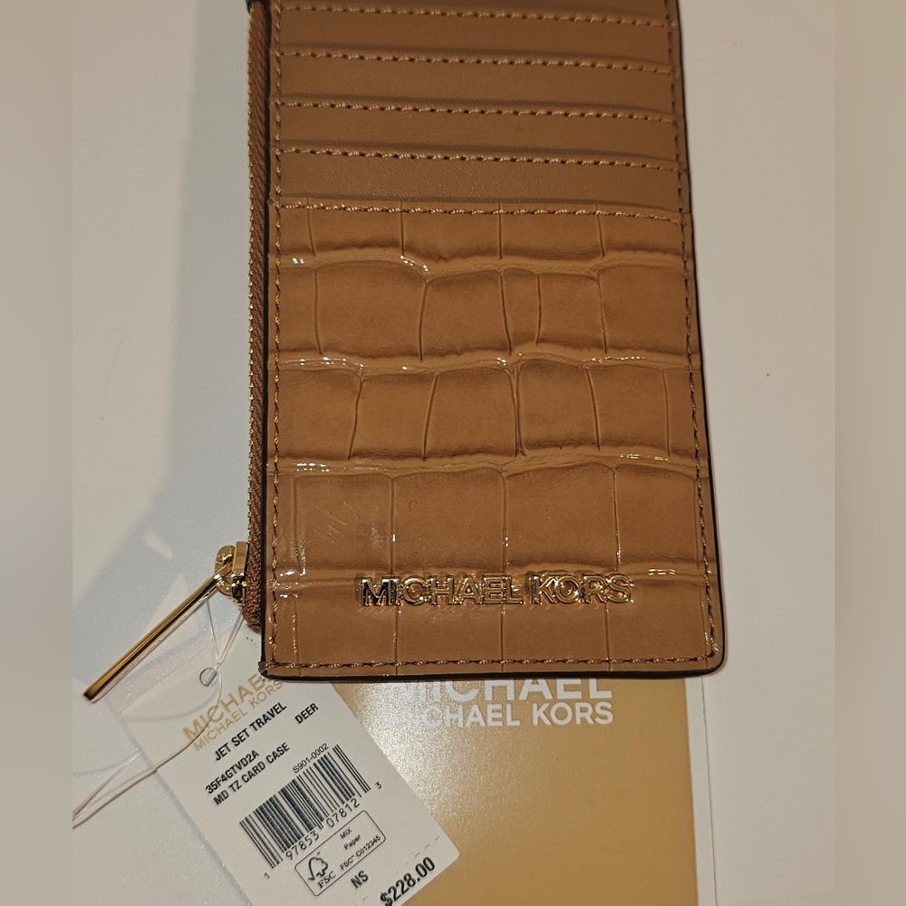 Michael Kors Croc Embossed Deer Tan Card Wallet NWT